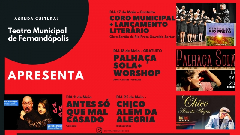 Calendário Cultural de Fernandópolis está recheado de atrações para o mês de maio